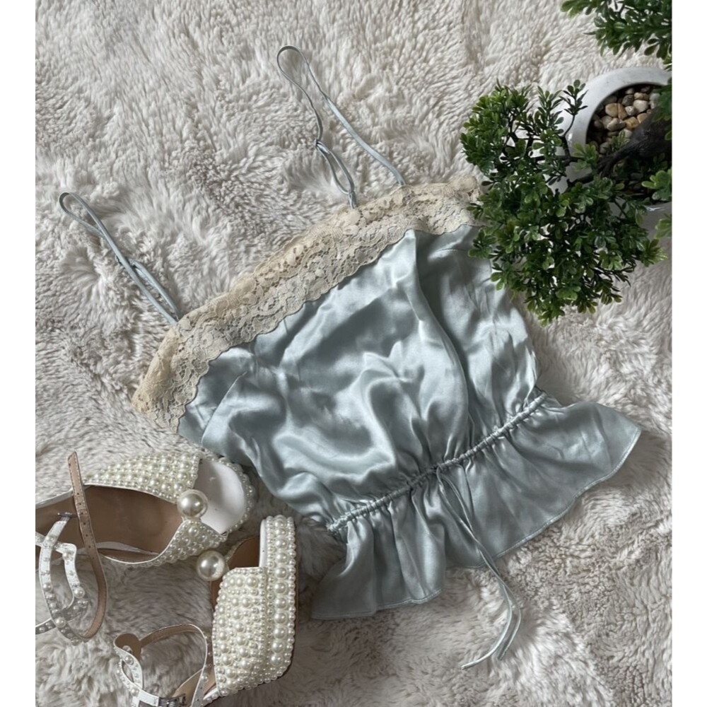Wilfred Aritzia Satin Lace Cami Top Sage Blue Green Drawstring Peplum 2XS